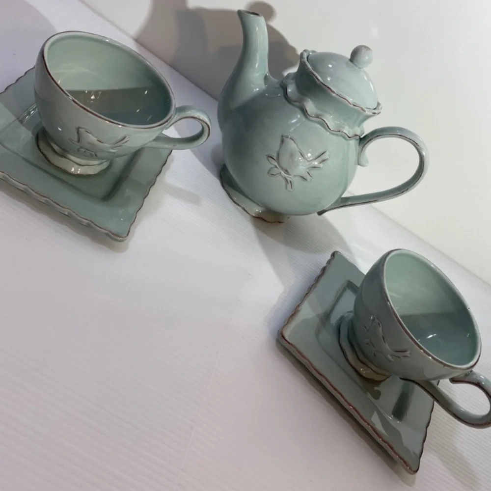 Vintage Tea Set Bird Teapot Teacup Delicate Floral Hand Painted Hand Crafted Art
